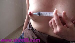 Dumping Saline by Nipple and Extreme Needles Pierced